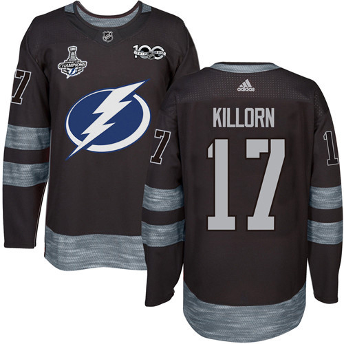 Men Adidas Tampa Bay Lightning #17 Alex Killorn Black 1917-2017 100th Anniversary 2020 Stanley Cup Champions Stitched NHL Jersey
